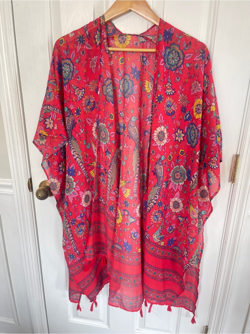 Floral Bright  Red  Xl Kimono Paisley Festival Boho  Fringe